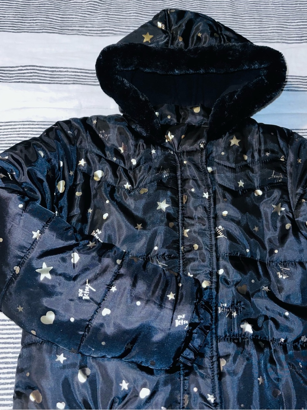Betsey Johnson Black Metallic Star & Heart Puffer Coat with Faux-Fur Hood